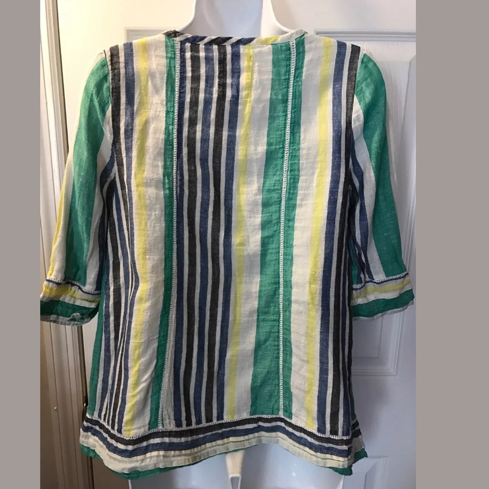 Anthro MERMAID Striped Linen Blouse Popover Peasant Top Shirt Blue Green Yellow - Picture 5 of 7